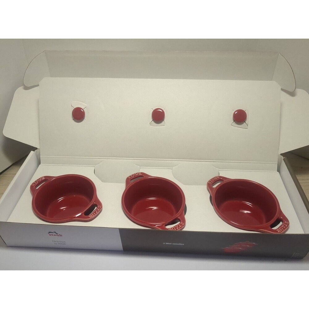NEW In Box STAUB Ceramique 3-pc Mini Cocotte Set 4" Cherry Red